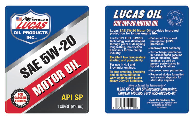 Lucas 5W-20 Petroleum Motor Oils, Qt