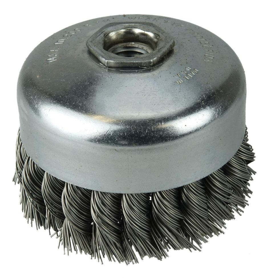 Weiler Wire Cup Brush, Threaded Hole, Steel, Partial Twist Knotted, Single Row, 5" Diameter, 0.014" Wire Diameter, 5/8"-11 Arbor, 1-3/8" Bristle Length, 7000 RPM, Pack of 1