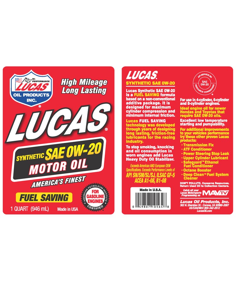 Lucas Synthethic 0W-20 Motor Oil, 1 Qt