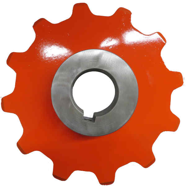 12 Tooth Plate Sprocket. 2.609 inch Pitch x 7/8 Plate with a weld in 1 15/16 inch bore hub