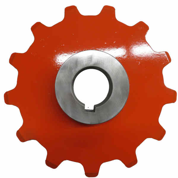13 Tooth Plate Sprocket. 2.609 inch Pitch x 7/8 Plate with a weld in 1 7/16 inch bore hub